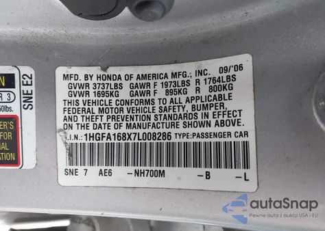 2007 Honda Civic Ex из США, поврежденный, VIN 1HGFA168X7L008286